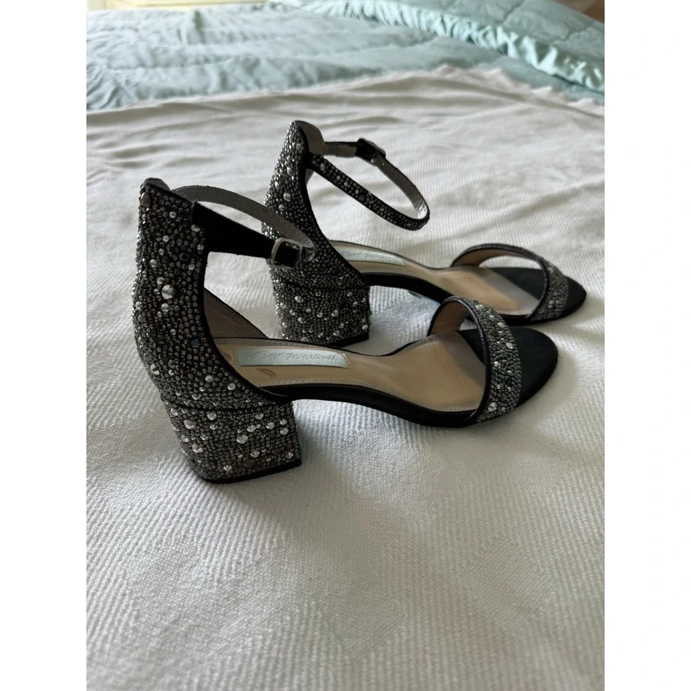 Betsey Johnson Mari Black Heel Sz 6.5 Ankle Strap Sandal Rhinestone Glam